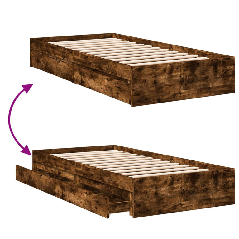 Bedframe met lades bewerkt hout gerookt eikenkleurig 75x190 cm
