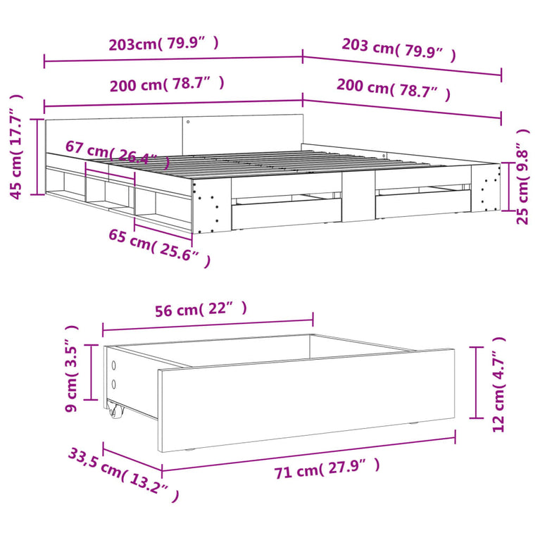 Bedframe met lades bewerkt hout wit 200x200 cm