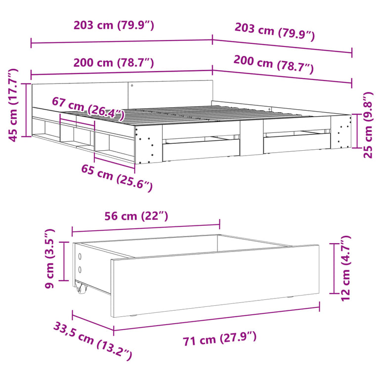 Bedframe met lades bewerkt hout sonoma eikenkleurig 200x200 cm