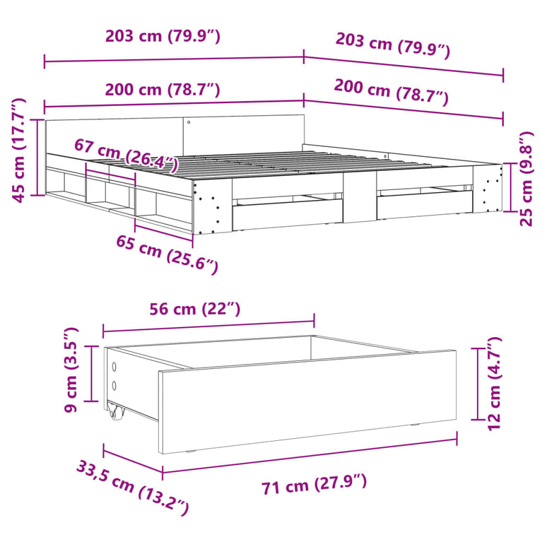 Bedframe met lades bewerkt hout betongrijs 200x200 cm