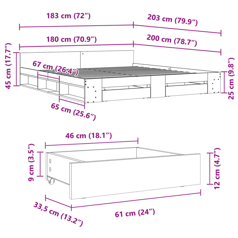 Bedframe met lades bewerkt hout gerookt eikenkleurig 180x200 cm