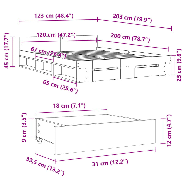 Bedframe met lades bewerkt hout wit 120x200 cm