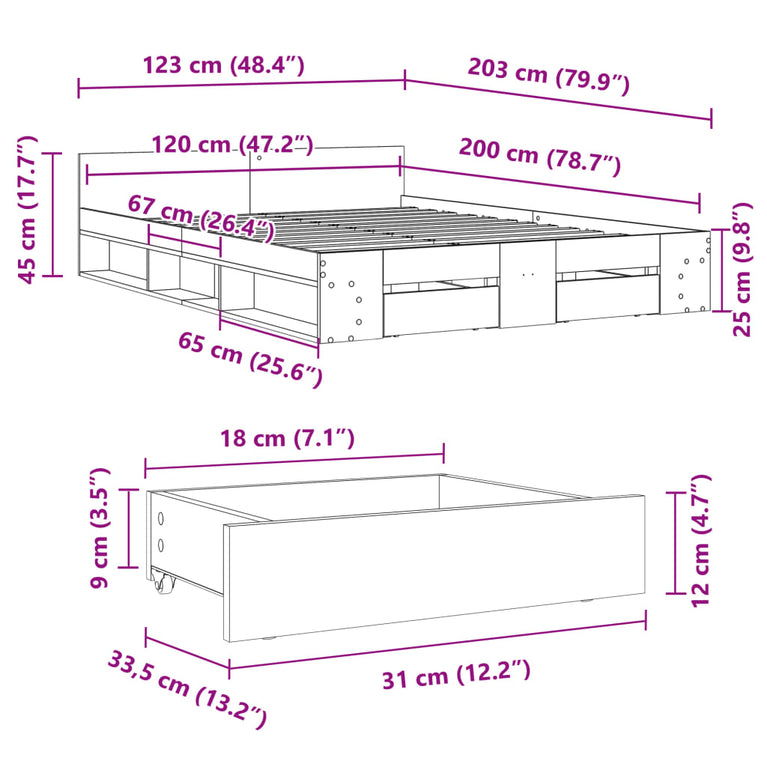 Bedframe met lades bewerkt hout betongrijs 120x200 cm