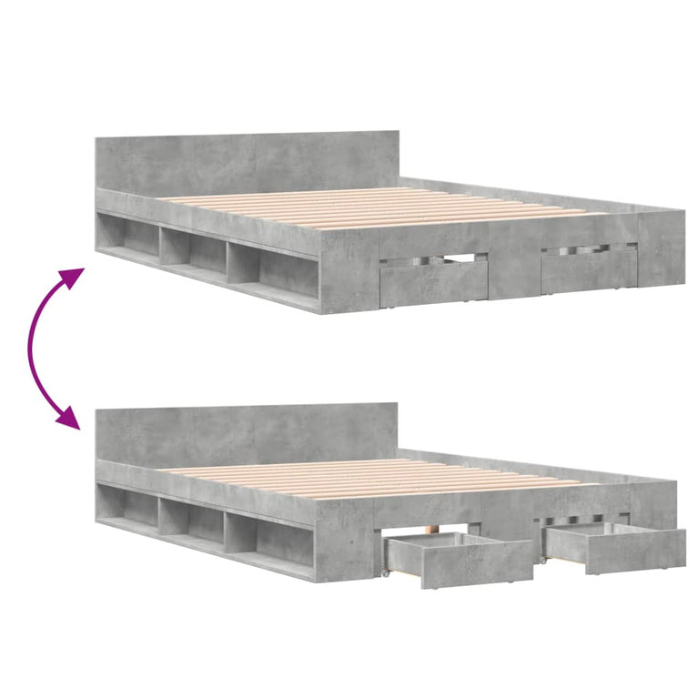 Bedframe met lades bewerkt hout betongrijs 140x190 cm