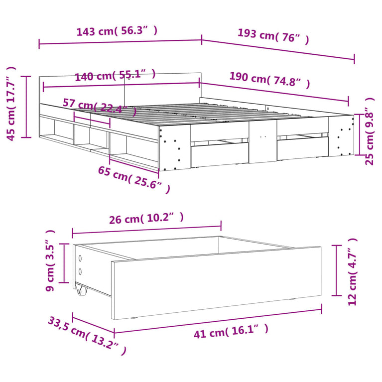 Bedframe met lades bewerkt hout bruin eikenkleurig 140x190 cm