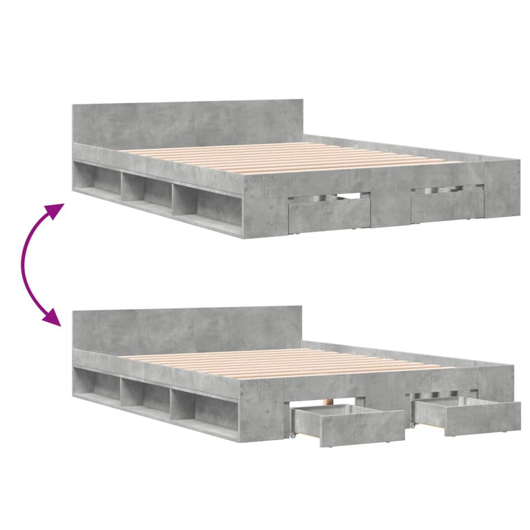 Bedframe met lades bewerkt hout betongrijs 135x190 cm