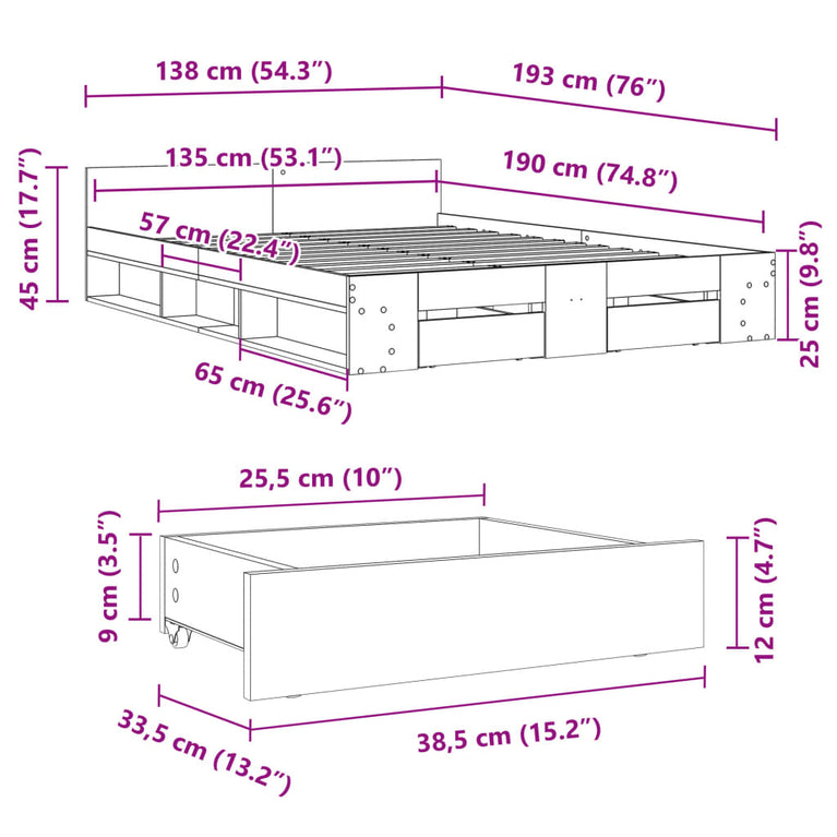 Bedframe met lades bewerkt hout betongrijs 135x190 cm