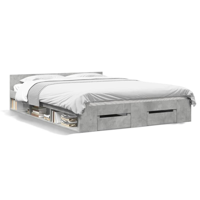 Bedframe met lades bewerkt hout betongrijs 135x190 cm