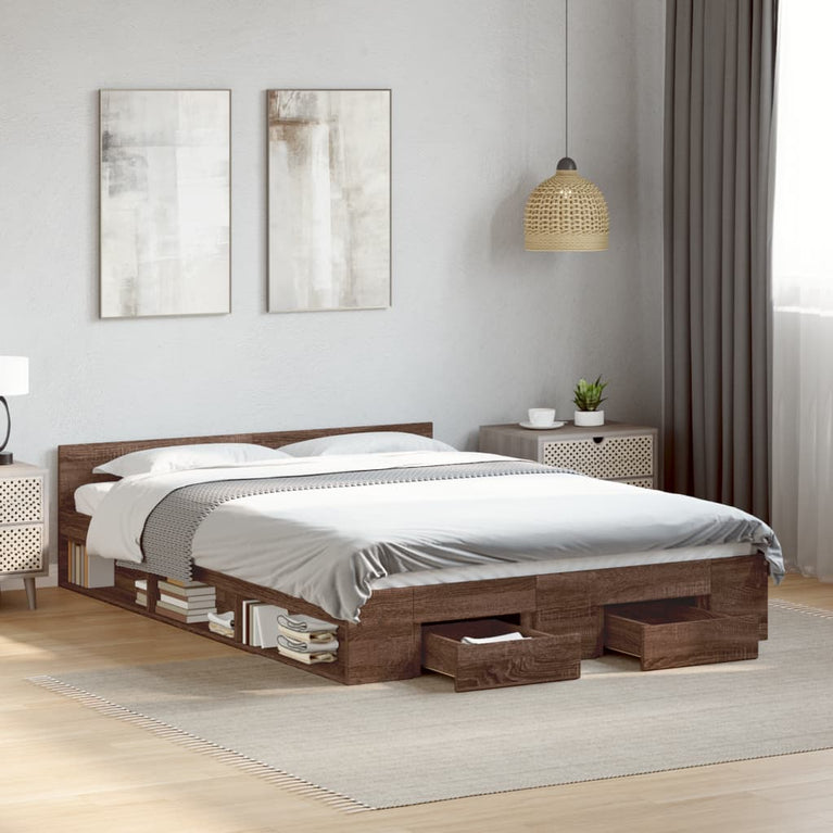 Bedframe met lades bewerkt hout bruin eikenkleurig 135x190 cm