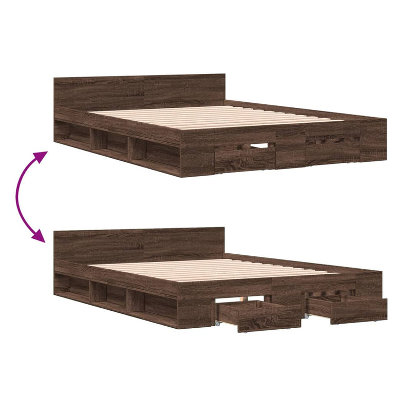 Bedframe met lades bewerkt hout bruin eikenkleurig 135x190 cm