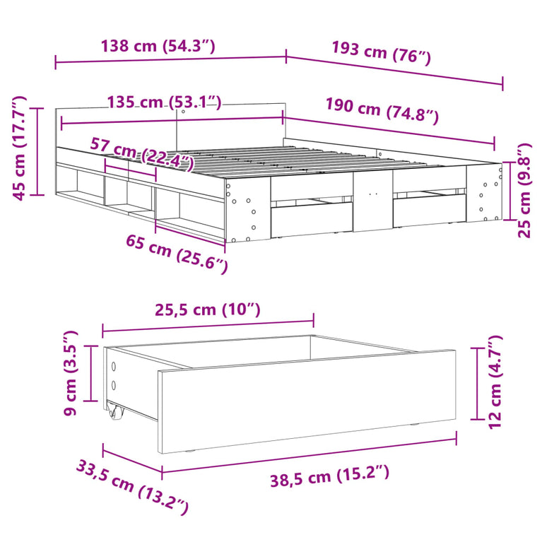 Bedframe met lades bewerkt hout bruin eikenkleurig 135x190 cm