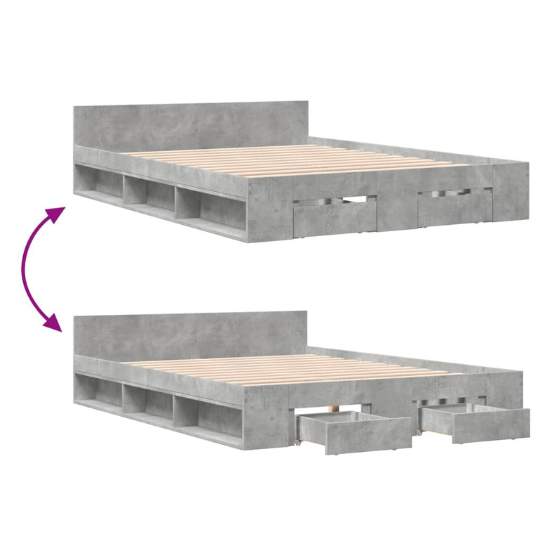 Bedframe met lades bewerkt hout betongrijs 120x190 cm