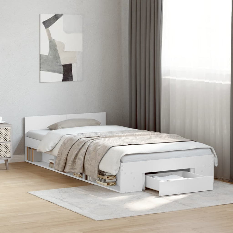 Bedframe met lade bewerkt hout wit 90x190 cm