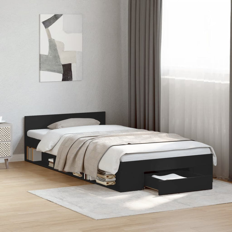 Bedframe met lade bewerkt hout zwart 90x190 cm