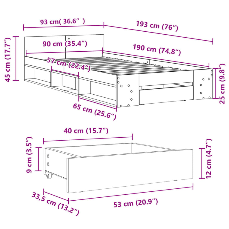 Bedframe met lade bewerkt hout zwart 90x190 cm