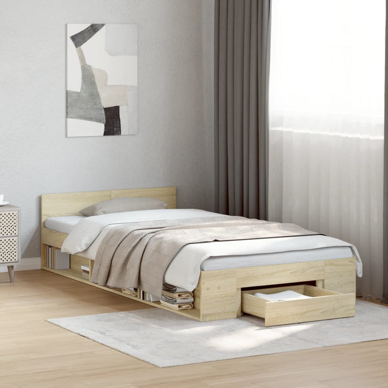 Bedframe met lade bewerkt hout sonoma eikenkleurig 90x190 cm