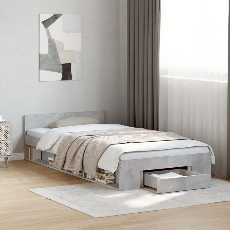 Bedframe met lade bewerkt hout betongrijs 90x190 cm
