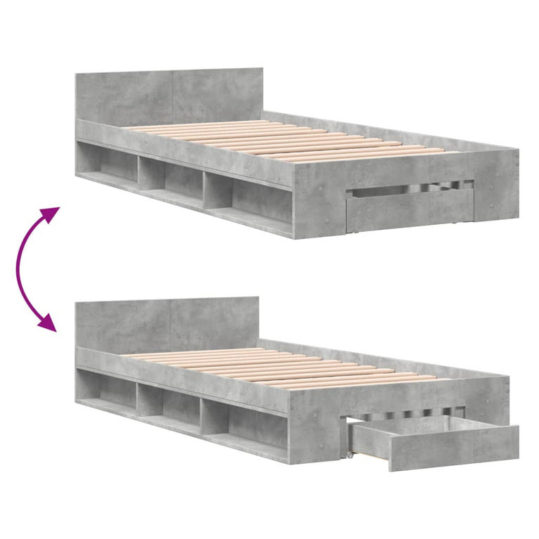 Bedframe met lade bewerkt hout betongrijs 90x190 cm