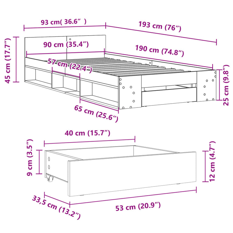 Bedframe met lade bewerkt hout betongrijs 90x190 cm