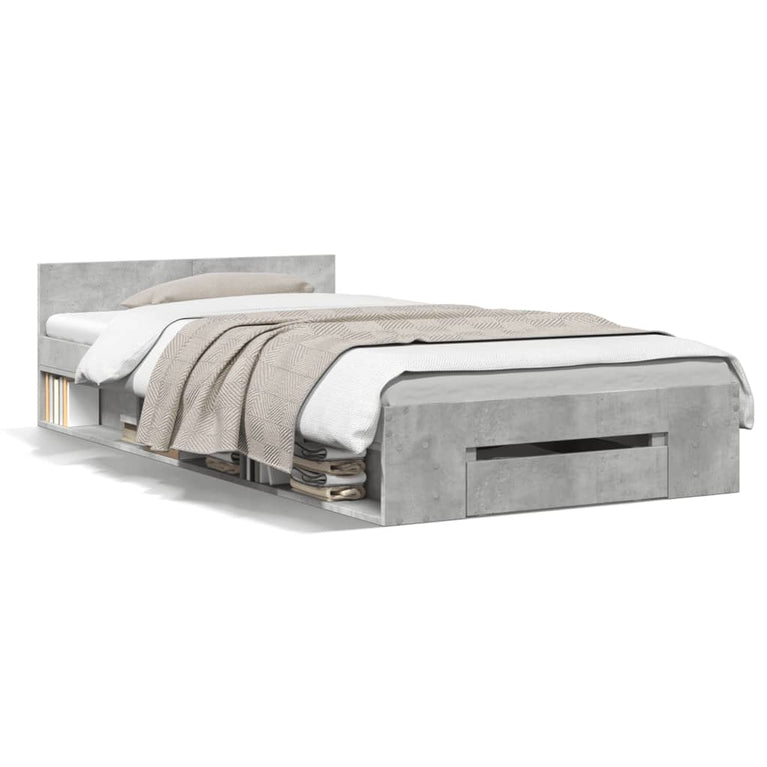 Bedframe met lade bewerkt hout betongrijs 90x190 cm