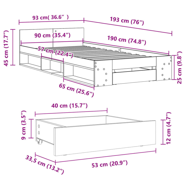 Bedframe met lade bewerkt hout grijs sonoma eiken 90x190 cm