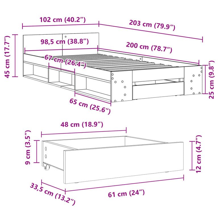 Bedframe met lade bewerkt hout sonoma eikenkleurig 100x200 cm