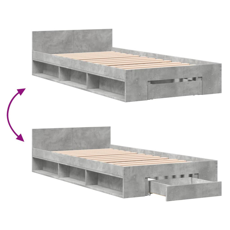 Bedframe met lade bewerkt hout betongrijs 100x200 cm