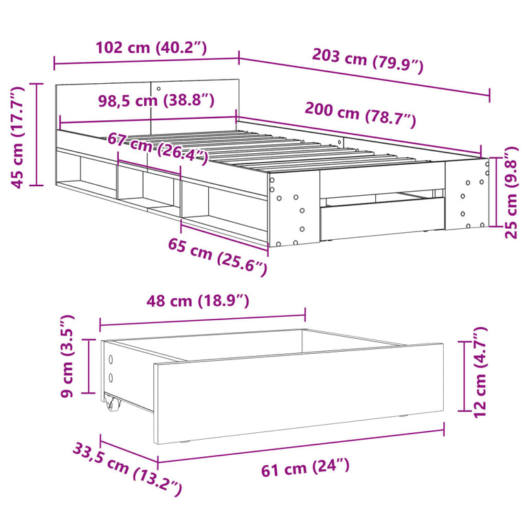 Bedframe met lade bewerkt hout betongrijs 100x200 cm
