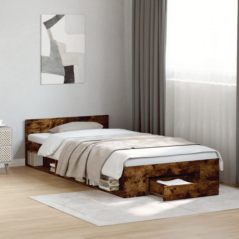 Bedframe met lade bewerkt hout gerookt eikenkleurig 100x200 cm