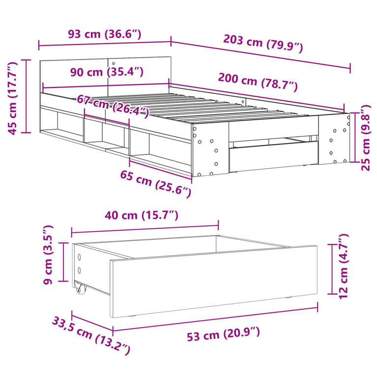 Bedframe met lade bewerkt hout wit 90x200 cm