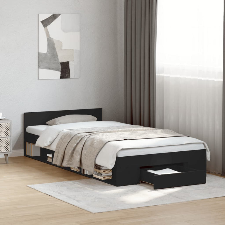Bedframe met lade bewerkt hout zwart 90x200 cm