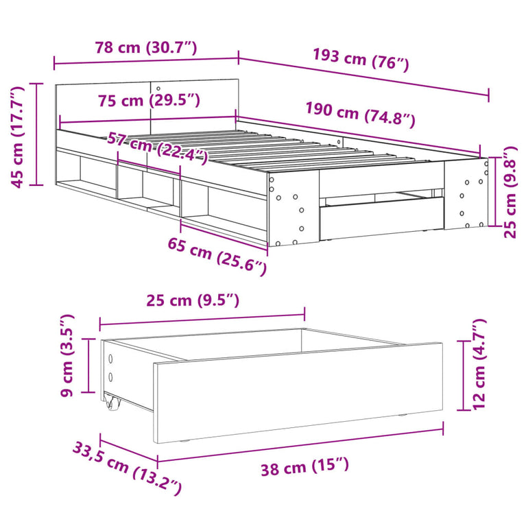 Bedframe met lade bewerkt hout wit 75x190 cm