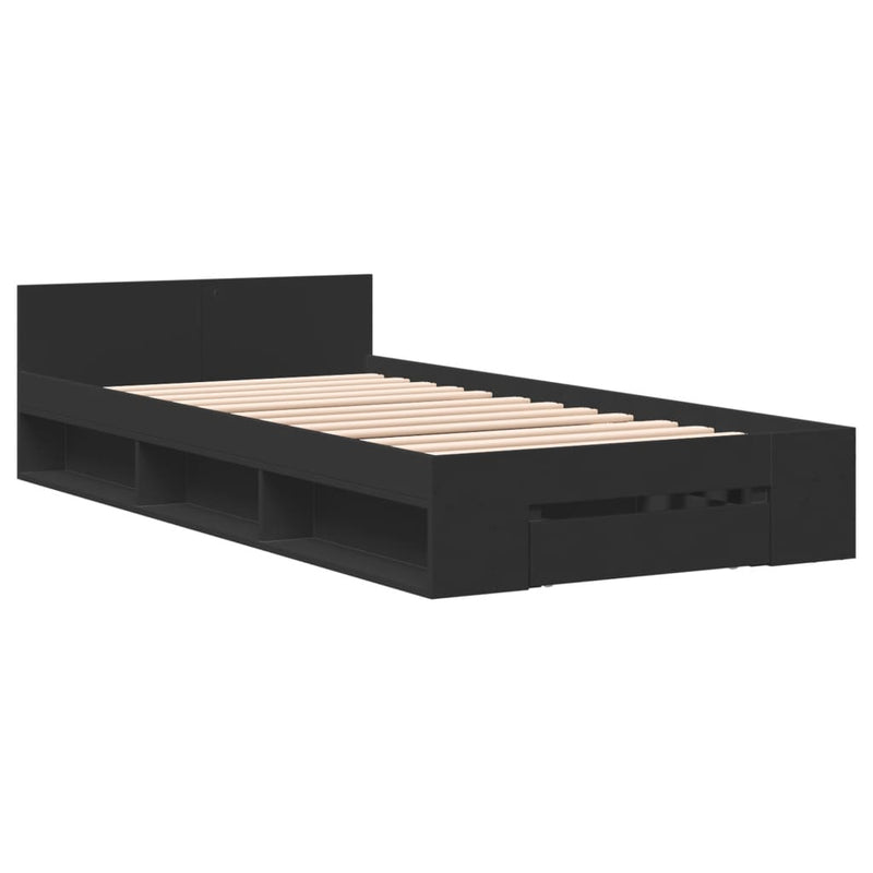 Bedframe met lade bewerkt hout zwart 75x190 cm