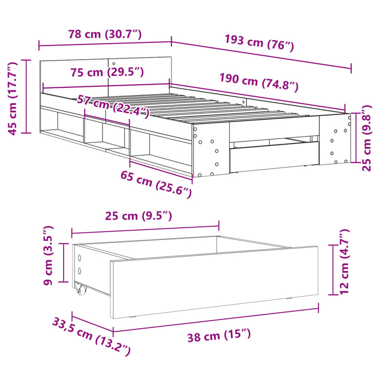 Bedframe met lade bewerkt hout zwart 75x190 cm