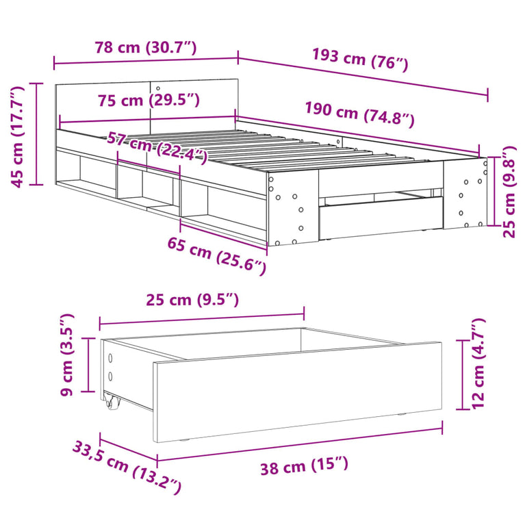 Bedframe met lade bewerkt hout sonoma eikenkleurig 75x190 cm
