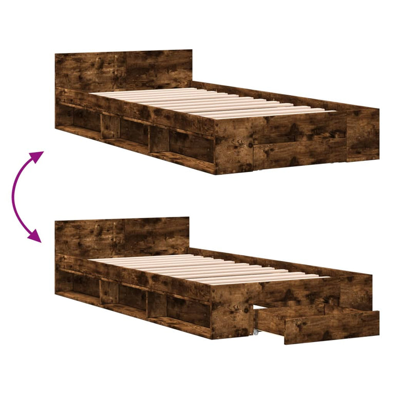 Bedframe met lade bewerkt hout gerookt eikenkleurig 75x190 cm