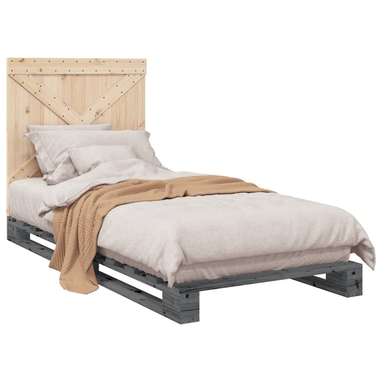 Bedframe met hoofdbord massief grenenhout grijs 90x200 cm