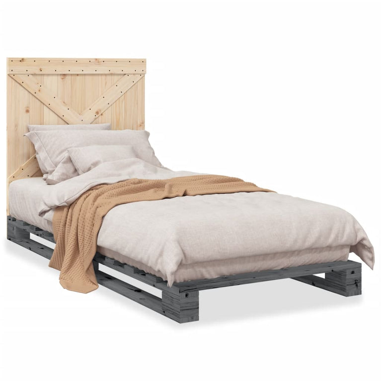 Bedframe met hoofdbord massief grenenhout grijs 90x200 cm