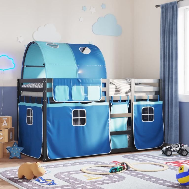 Stapelbed met gordijnen 75x190 cm massief grenenhout blauw