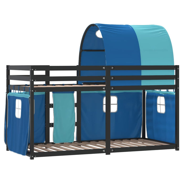 Stapelbed met gordijnen 75x190 cm massief grenenhout blauw
