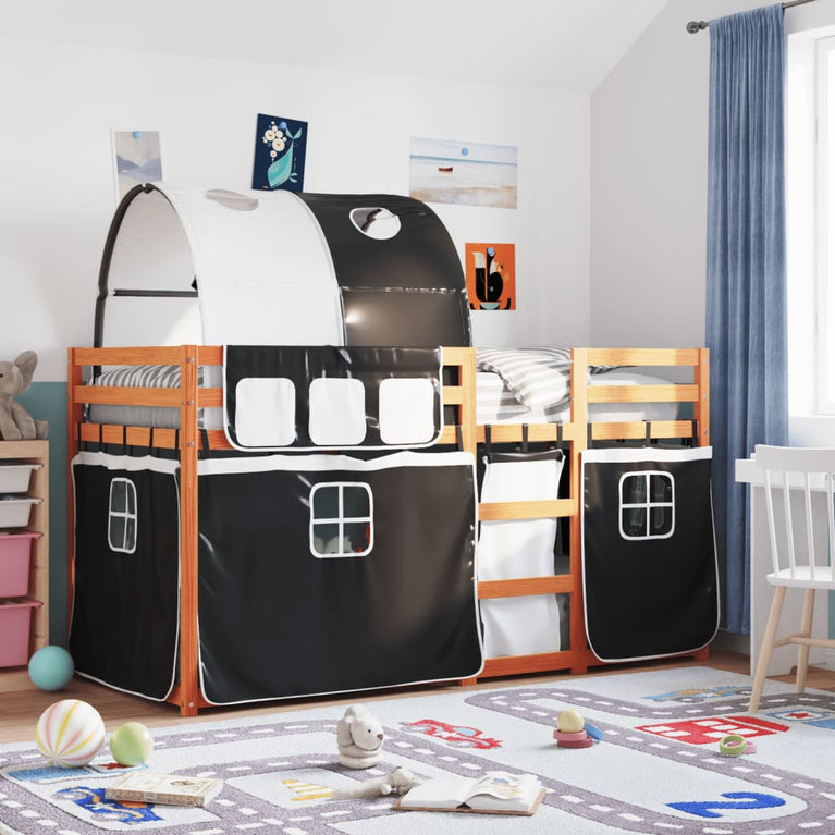 Stapelbed met gordijnen 75x190 cm grenenhout wit en zwart