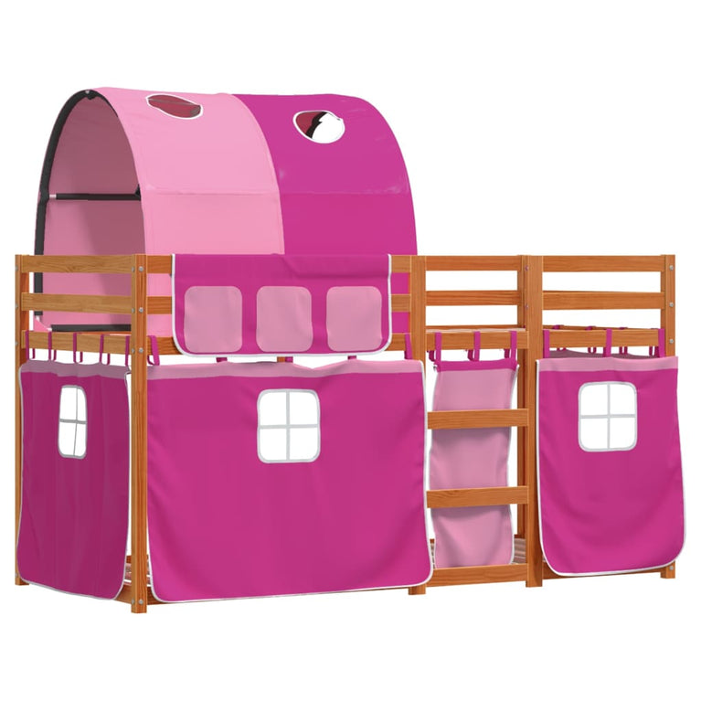 Stapelbed met gordijnen 90x190 cm grenenhout roze
