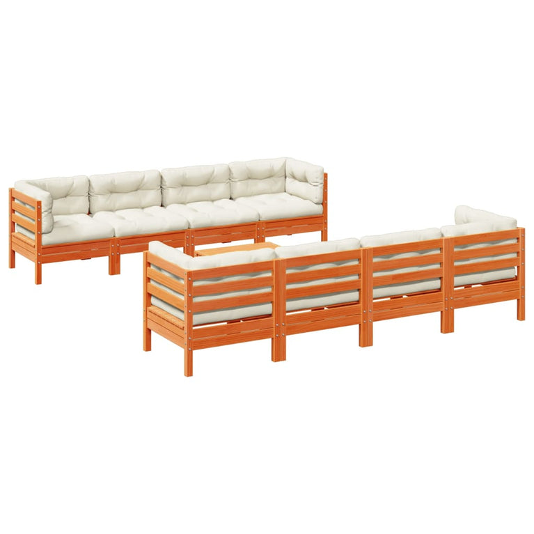 9-delige Loungeset met kussens massief grenenhout wasbruin