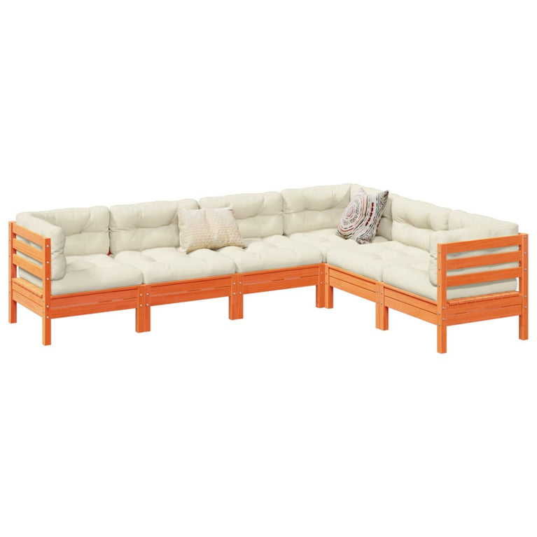 6-delige Loungeset met kussens massief grenenhout wasbruin