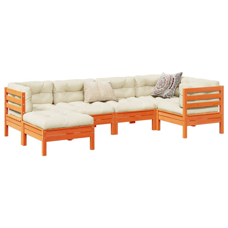 6-delige Loungeset met kussens massief grenenhout wasbruin