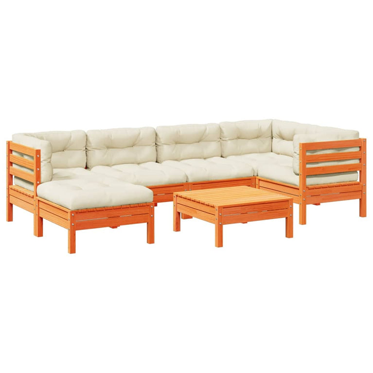 7-delige Loungeset met kussens massief grenenhout wasbruin