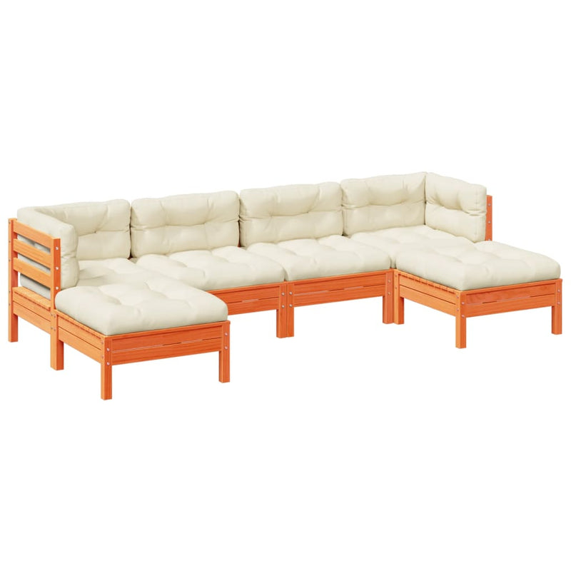 6-delige Loungeset met kussens massief grenenhout wasbruin