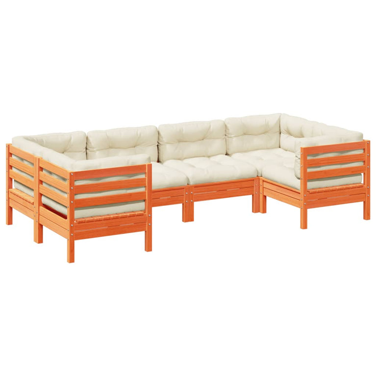 6-delige Loungeset met kussens massief grenenhout wasbruin