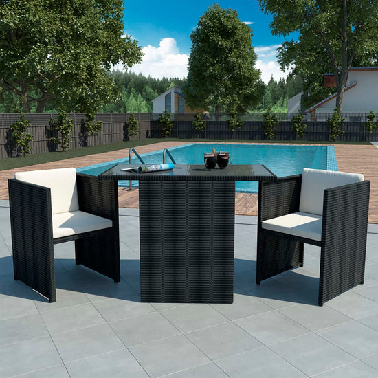 3-delige Bistroset met kussens poly rattan zwart MeubelReus