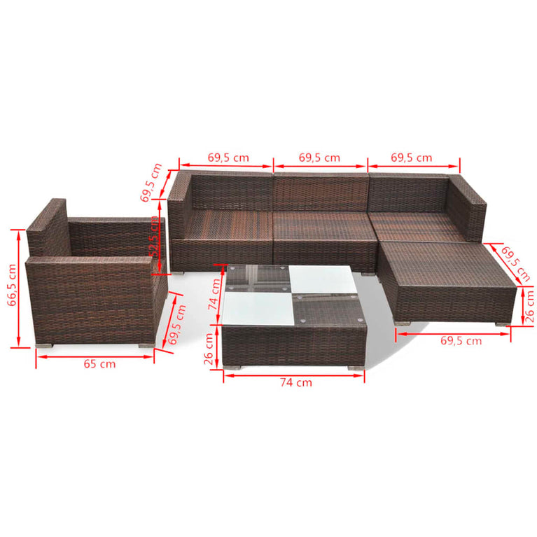 6-delige Loungeset met kussens poly rattan bruin MeubelReus